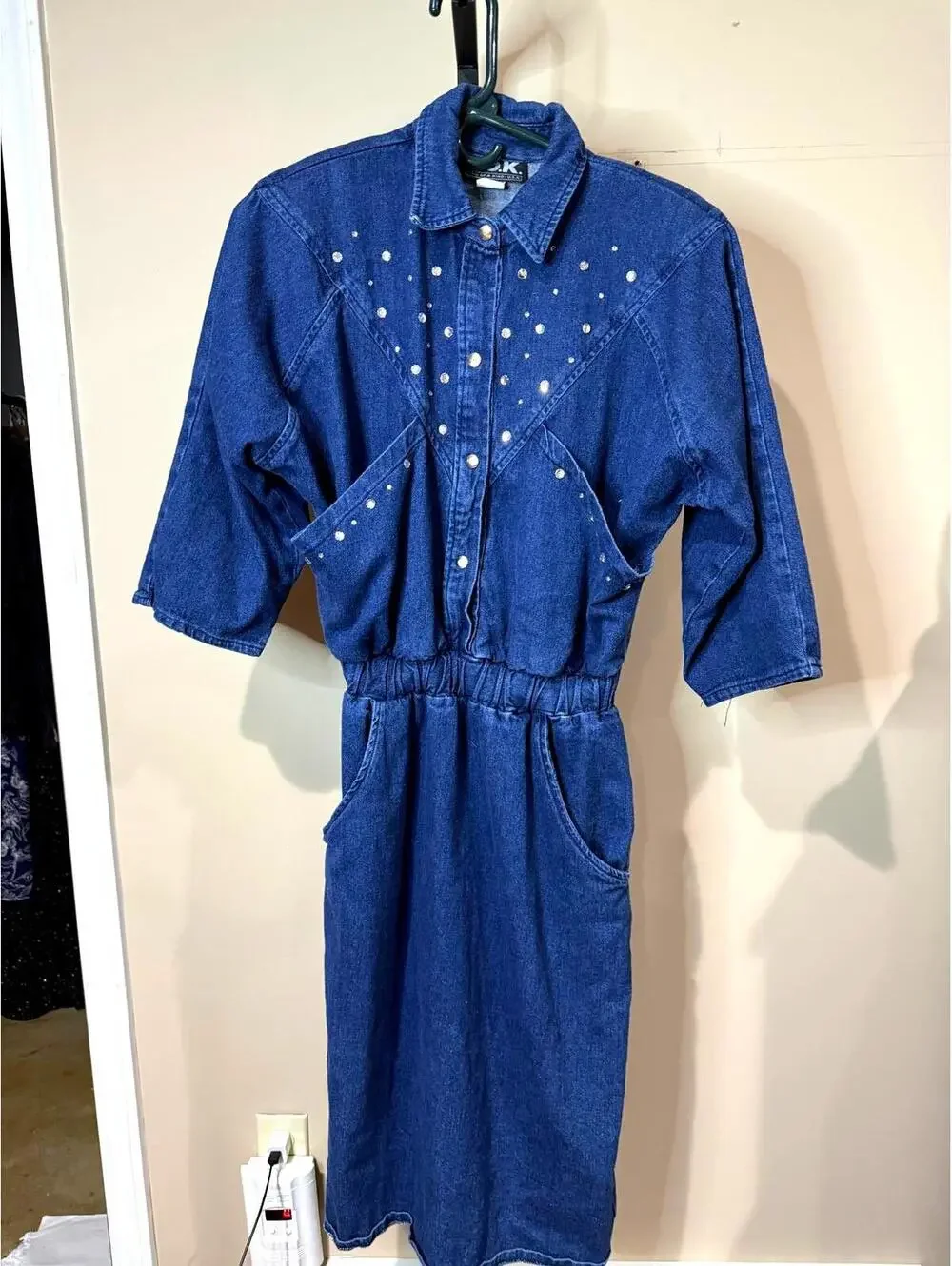 80s 90s Women's Blue Denim Dress with Studded Detail